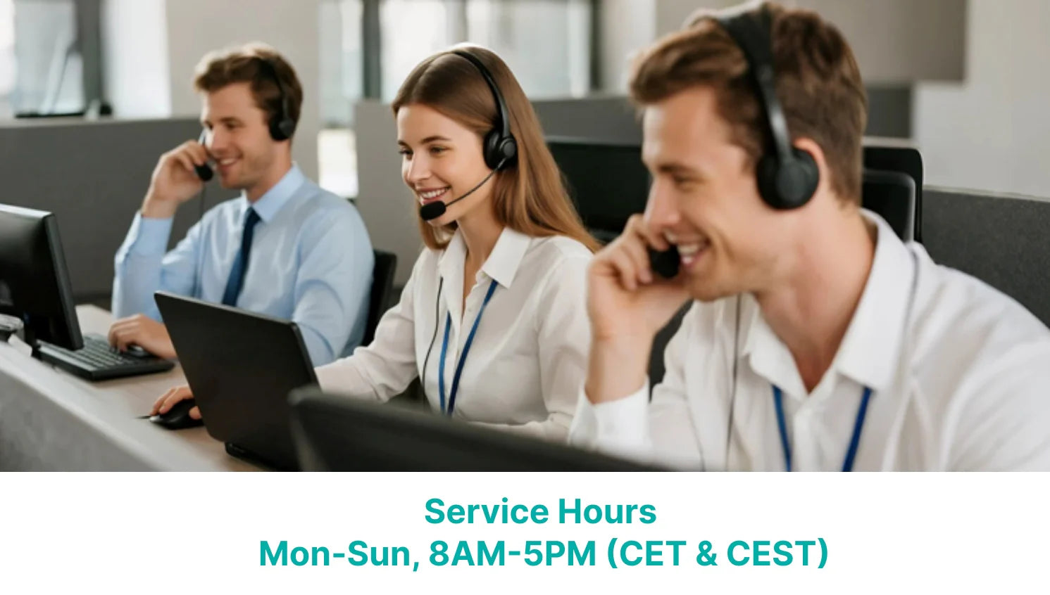 Three customer service representatives wearing headsets, smiling and working at desks with laptops. Service hours: Mon-Sun, 8AM-5PM (CET & CEST). Keywords: Sibionics, customer service, service hours.