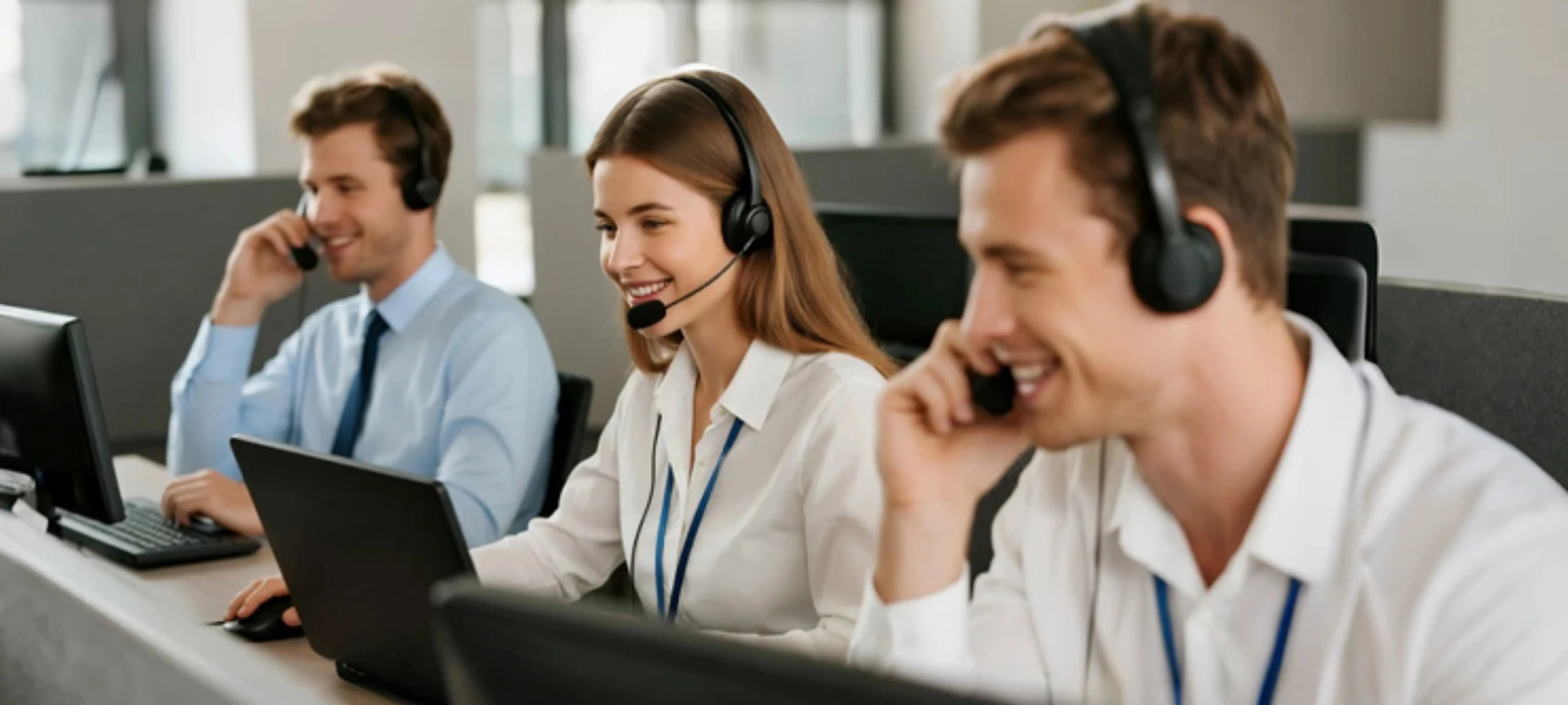 Three customer service representatives wearing headsets, smiling and working at desks with laptops. Service hours: Mon-Sun, 8AM-5PM (CET & CEST). Keywords: Sibionics, customer service, service hours.